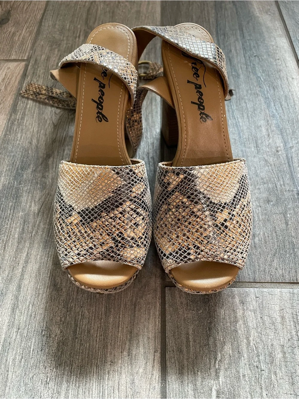 Free People Tan Snake-Print Block Heel Sandals
